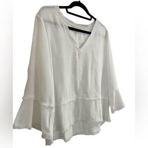 Cloth & Stone Anthropology Blouse White Tencel Fringe Bell Sleeve Boho Womens L